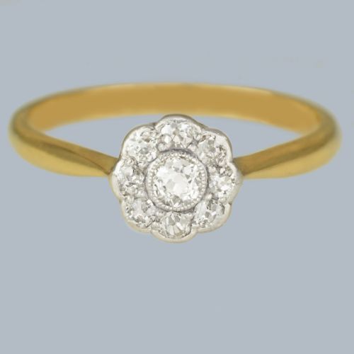 antique old cut diamond cluster ring 18ct gold and platinum edwardian daisy ring - CATEGORY: ANTIQUE JEWELLERY - DATED EDWARDIAN
