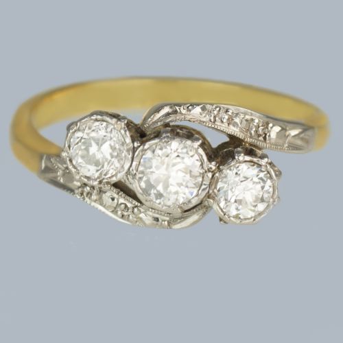 antique diamond trilogy twist ring 18ct gold edwardian engagement ring - CATEGORY: ANTIQUE JEWELLERY - DATED EDWARDIAN