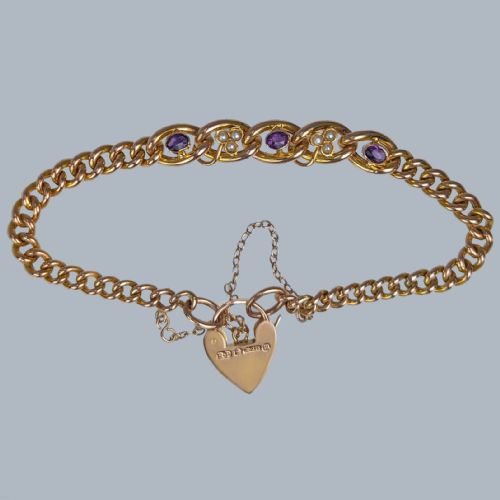 EDWARDIAN AMETHYST PEARL BRACELET HEART PADLOCK CLASP 9CT GOLD ANTIQUE LONDON 1907 - ADDITIONAL PHOTO 1