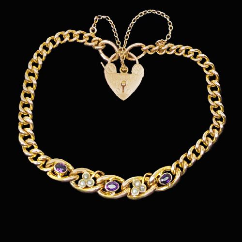 EDWARDIAN AMETHYST PEARL BRACELET HEART PADLOCK CLASP 9CT GOLD ANTIQUE LONDON 1907 - ADDITIONAL PHOTO 3