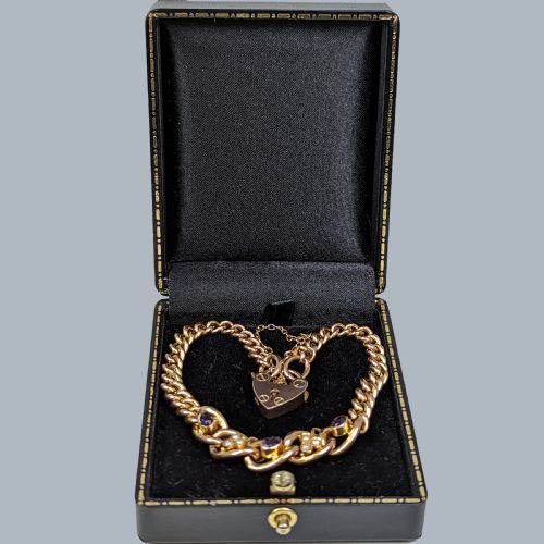 EDWARDIAN AMETHYST PEARL BRACELET HEART PADLOCK CLASP 9CT GOLD ANTIQUE LONDON 1907 - ADDITIONAL PHOTO 4