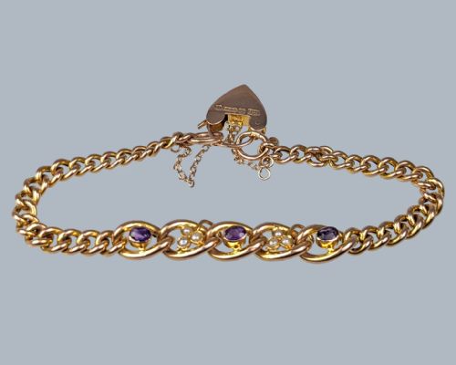 EDWARDIAN AMETHYST PEARL BRACELET HEART PADLOCK CLASP 9CT GOLD ANTIQUE LONDON 1907 - ADDITIONAL PHOTO 5