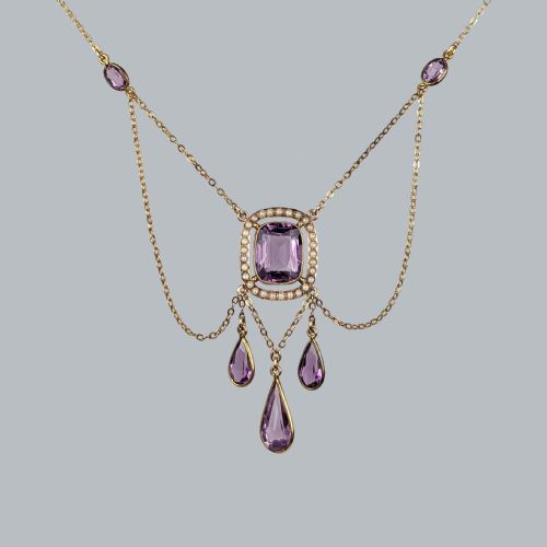 antique amethyst and pearl swag necklace 15ct gold edwardian necklace circa 1910 - CATEGORY: ANTIQUE JEWELLERY - DATED EDWARDIAN