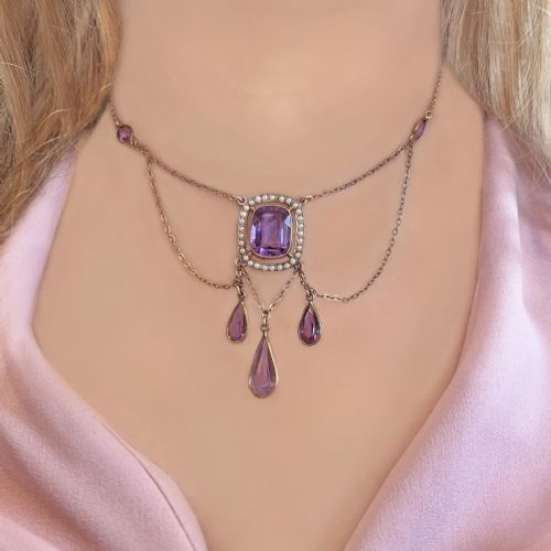 ANTIQUE AMETHYST AND PEARL SWAG NECKLACE 15CT GOLD EDWARDIAN NECKLACE CIRCA 1910 - ADDITIONAL PHOTO 1