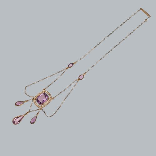 ANTIQUE AMETHYST AND PEARL SWAG NECKLACE 15CT GOLD EDWARDIAN NECKLACE CIRCA 1910 - ADDITIONAL PHOTO 2
