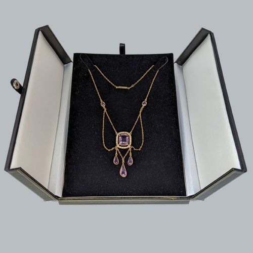 ANTIQUE AMETHYST AND PEARL SWAG NECKLACE 15CT GOLD EDWARDIAN NECKLACE CIRCA 1910 - ADDITIONAL PHOTO 3