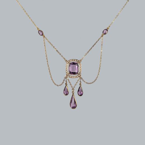 ANTIQUE AMETHYST AND PEARL SWAG NECKLACE 15CT GOLD EDWARDIAN NECKLACE CIRCA 1910 - ADDITIONAL PHOTO 4