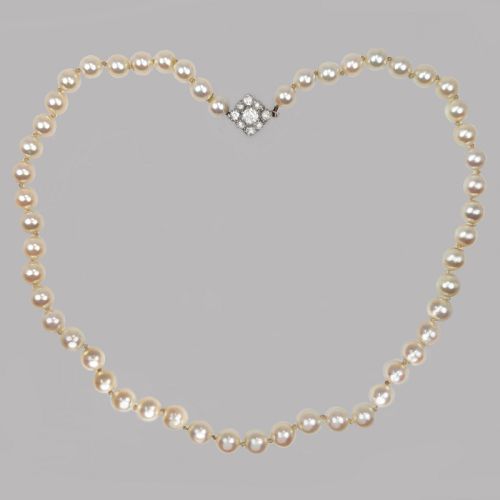 antique pearl necklace with diamond clasp plus gem lab certificate single strand - CATEGORY: ANTIQUE JEWELLERY - DATED 1920