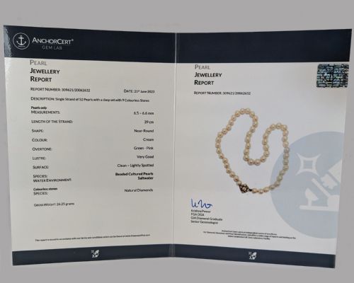 ANTIQUE PEARL NECKLACE WITH DIAMOND CLASP PLUS GEM LAB CERTIFICATE SINGLE STRAND - ADDITIONAL PHOTO 2