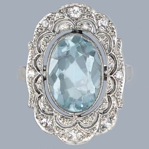 art deco ring aquamarine and diamond platinum antique 1920s large dress ring - CATEGORY: ANTIQUE JEWELLERY - DATED 1920