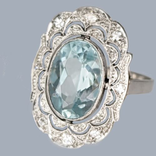 ART DECO RING AQUAMARINE AND DIAMOND PLATINUM ANTIQUE 1920S LARGE DRESS RING - ADDITIONAL PHOTO 1