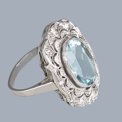 ART DECO RING AQUAMARINE AND DIAMOND PLATINUM ANTIQUE 1920S LARGE DRESS RING - ADDITIONAL PHOTO 2