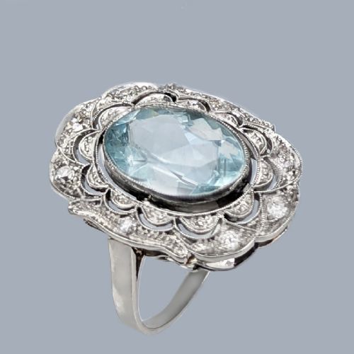 ART DECO RING AQUAMARINE AND DIAMOND PLATINUM ANTIQUE 1920S LARGE DRESS RING - ADDITIONAL PHOTO 3