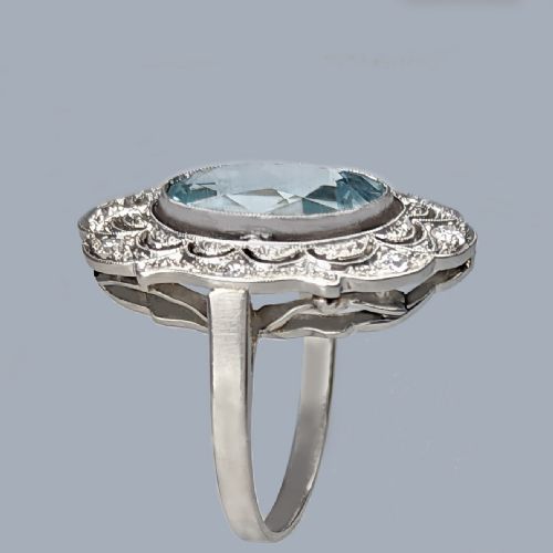 ART DECO RING AQUAMARINE AND DIAMOND PLATINUM ANTIQUE 1920S LARGE DRESS RING - ADDITIONAL PHOTO 4