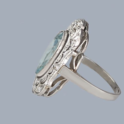 ART DECO RING AQUAMARINE AND DIAMOND PLATINUM ANTIQUE 1920S LARGE DRESS RING - ADDITIONAL PHOTO 5
