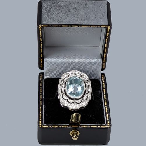 ART DECO RING AQUAMARINE AND DIAMOND PLATINUM ANTIQUE 1920S LARGE DRESS RING - ADDITIONAL PHOTO 7