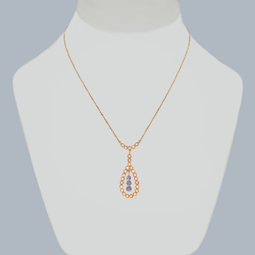 ANTIQUE SAPPHIRE AND PEARL NECKLACE 15CT GOLD EDWARDIAN SAPPHIRE DROP PENDANT - ADDITIONAL PHOTO 1