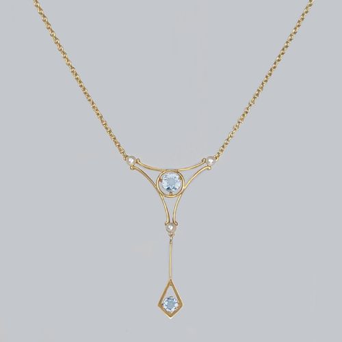 EDWARDIAN AQUAMARINE AND PEARL NECKLACE 15CT GOLD ANTIQUE DROP PENDANT CIRCA 1910 - ADDITIONAL PHOTO 2