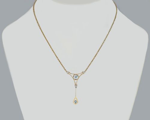 EDWARDIAN AQUAMARINE AND PEARL NECKLACE 15CT GOLD ANTIQUE DROP PENDANT CIRCA 1910 - ADDITIONAL PHOTO 8