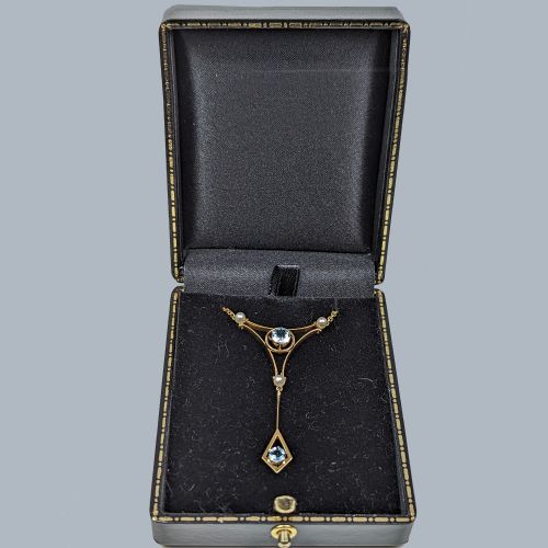 EDWARDIAN AQUAMARINE AND PEARL NECKLACE 15CT GOLD ANTIQUE DROP PENDANT CIRCA 1910 - ADDITIONAL PHOTO 3