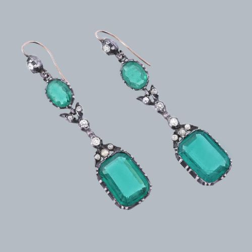 VICTORIAN DANGLE EARRINGS GREEN PASTE GOLD SILVER ANTIQUE PENDANT HOOK EARRINGS - ADDITIONAL PHOTO 1