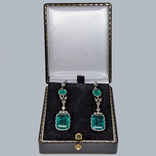 VICTORIAN DANGLE EARRINGS GREEN PASTE GOLD SILVER ANTIQUE PENDANT HOOK EARRINGS - ADDITIONAL PHOTO 4