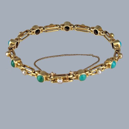 ANTIQUE TURQUOISE PEARL BRACELET 18CT GOLD VICTORIAN GATE LINK BRACELET CIRCA 1890 - ADDITIONAL PHOTO 1