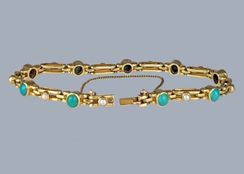 ANTIQUE TURQUOISE PEARL BRACELET 18CT GOLD VICTORIAN GATE LINK BRACELET CIRCA 1890 - ADDITIONAL PHOTO 2