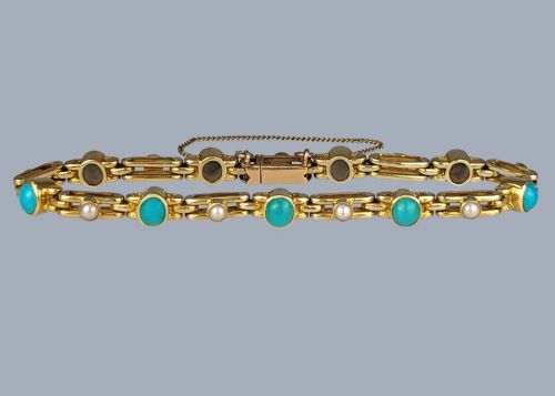 ANTIQUE TURQUOISE PEARL BRACELET 18CT GOLD VICTORIAN GATE LINK BRACELET CIRCA 1890 - ADDITIONAL PHOTO 3