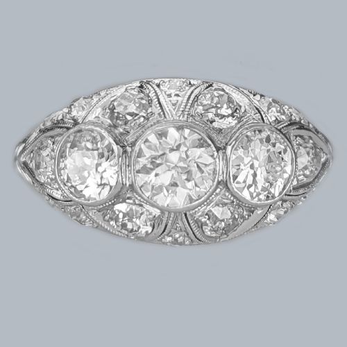 Art Deco Old Cut Diamond Platinum Bombé Ring Original 1920s 3ct Diamond Cluster