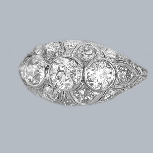 fig 1. Art Deco Old Cut Diamond Platinum Bombé Ring Original 1920s 3ct Diamond Cluster