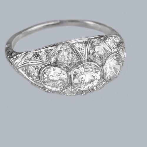fig 2. Art Deco Old Cut Diamond Platinum Bombé Ring Original 1920s 3ct Diamond Cluster