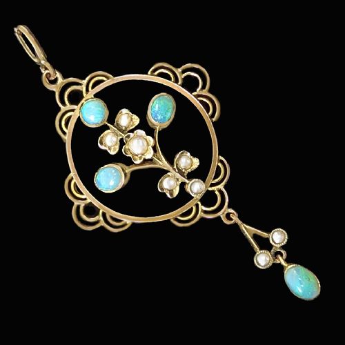 ART NOUVEAU OPAL PENDANT 9CT GOLD SEED PEARL AND OPAL ANTIQUE VICTORIAN PENDANT - ADDITIONAL PHOTO 1