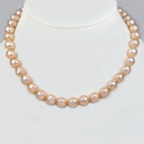 vintage pearl necklace pink freshwater 10mm with gem report 9ct gold clasp single strand - CATEGORY: ANTIQUE JEWELLERY - DATED 1960