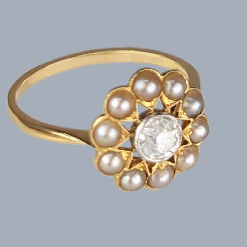 ANTIQUE PEARL DIAMOND CLUSTER RING 18CT GOLD PLATINUM EDWARDIAN RING CIRCA 1910 - ADDITIONAL PHOTO 1