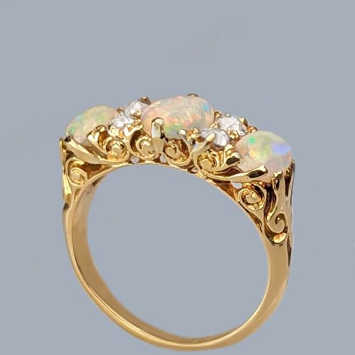 antique opal and diamond ring 18ct gold victorian ornate trilogy ring circa 1890 - CATEGORY: ANTIQUE JEWELLERY - DATED VICTORIAN
