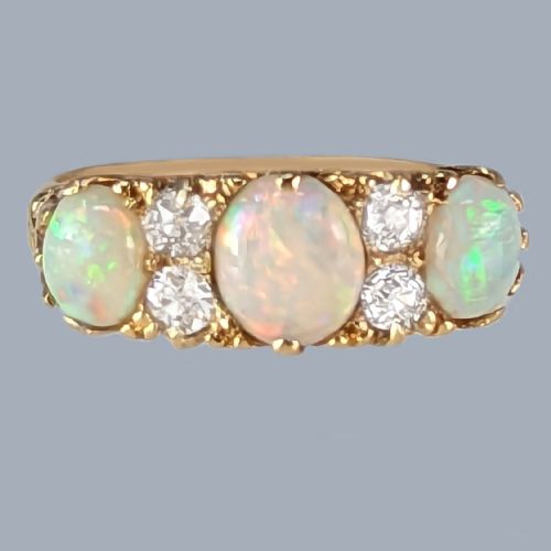 ANTIQUE OPAL AND DIAMOND RING 18CT GOLD VICTORIAN ORNATE TRILOGY RING CIRCA 1890 - ADDITIONAL PHOTO 1