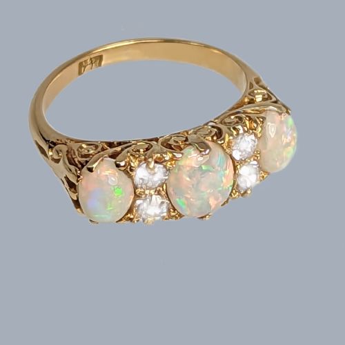 ANTIQUE OPAL AND DIAMOND RING 18CT GOLD VICTORIAN ORNATE TRILOGY RING CIRCA 1890 - ADDITIONAL PHOTO 3