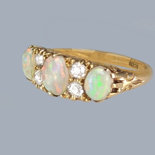 ANTIQUE OPAL AND DIAMOND RING 18CT GOLD VICTORIAN ORNATE TRILOGY RING CIRCA 1890 - ADDITIONAL PHOTO 4