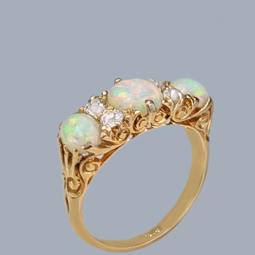ANTIQUE OPAL AND DIAMOND RING 18CT GOLD VICTORIAN ORNATE TRILOGY RING CIRCA 1890 - ADDITIONAL PHOTO 5