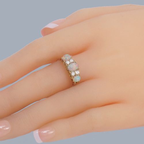 ANTIQUE OPAL AND DIAMOND RING 18CT GOLD VICTORIAN ORNATE TRILOGY RING CIRCA 1890 - ADDITIONAL PHOTO 6