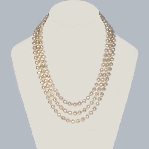 ART DECO PEARL NECKLACE WITH DIAMOND CLASP VINTAGE TRIPLE STRAND 1930S NECKLACE - ADDITIONAL PHOTO 1