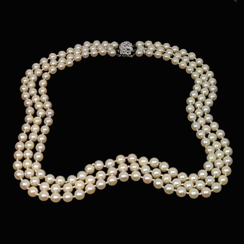 ART DECO PEARL NECKLACE WITH DIAMOND CLASP VINTAGE TRIPLE STRAND 1930S NECKLACE - ADDITIONAL PHOTO 2