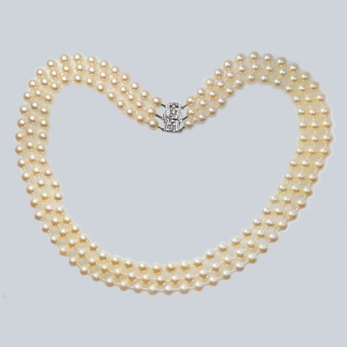 ART DECO PEARL NECKLACE WITH DIAMOND CLASP VINTAGE TRIPLE STRAND 1930S NECKLACE - ADDITIONAL PHOTO 3