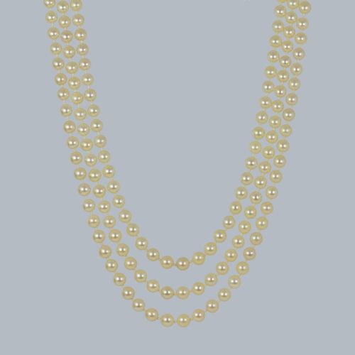 ART DECO PEARL NECKLACE WITH DIAMOND CLASP VINTAGE TRIPLE STRAND 1930S NECKLACE - ADDITIONAL PHOTO 6