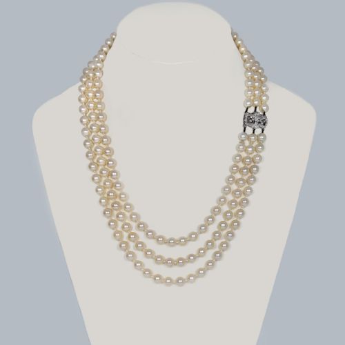 ART DECO PEARL NECKLACE WITH DIAMOND CLASP VINTAGE TRIPLE STRAND 1930S NECKLACE - ADDITIONAL PHOTO 7