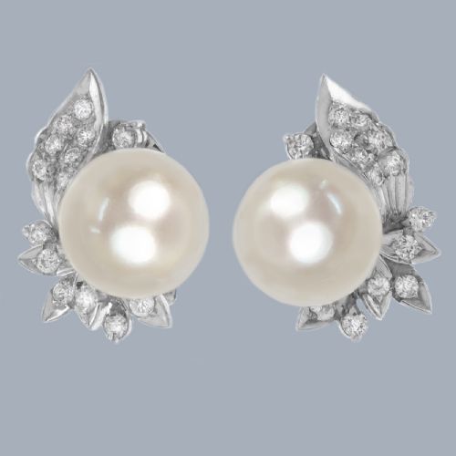 vintage diamond and pearl earrings 1950s 14ct white gold floral diamond earrings - CATEGORY: ANTIQUE JEWELLERY - DATED 1950