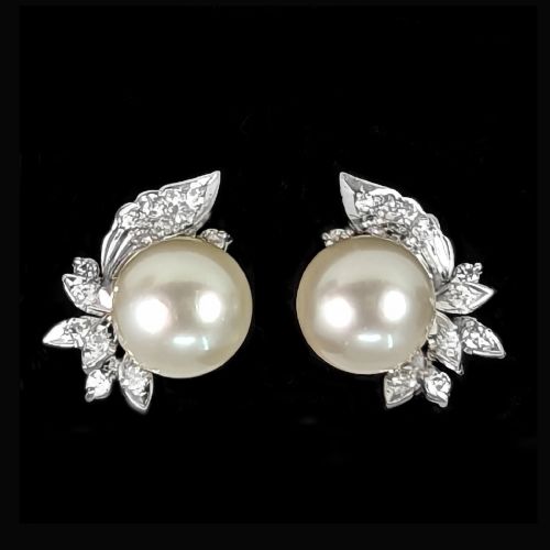 VINTAGE DIAMOND AND PEARL EARRINGS 1950S 14CT WHITE GOLD FLORAL DIAMOND EARRINGS - ADDITIONAL PHOTO 3