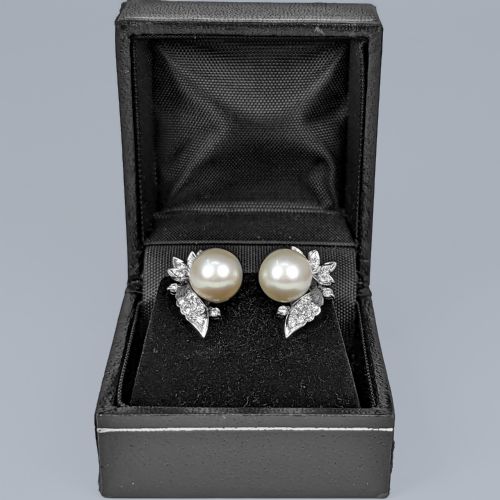 VINTAGE DIAMOND AND PEARL EARRINGS 1950S 14CT WHITE GOLD FLORAL DIAMOND EARRINGS - ADDITIONAL PHOTO 7