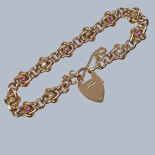 ANTIQUE RUBY AND PEARL HEART PADLOCK CLASP 9CT GOLD VICTORIAN KNOT CURB LINK BRACELET - ADDITIONAL PHOTO 1